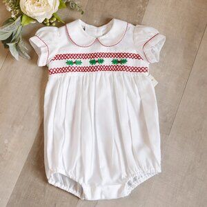 White Smocked Bubble Holly Berry Red Trim Size 9/12 Months Boutique NWT